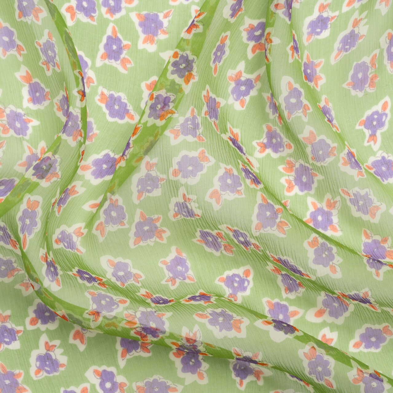 1 Yard Green, Purple & Orange Little Flowers Crinkled Silk Chiffon Playful Design, 54 Inches Wide